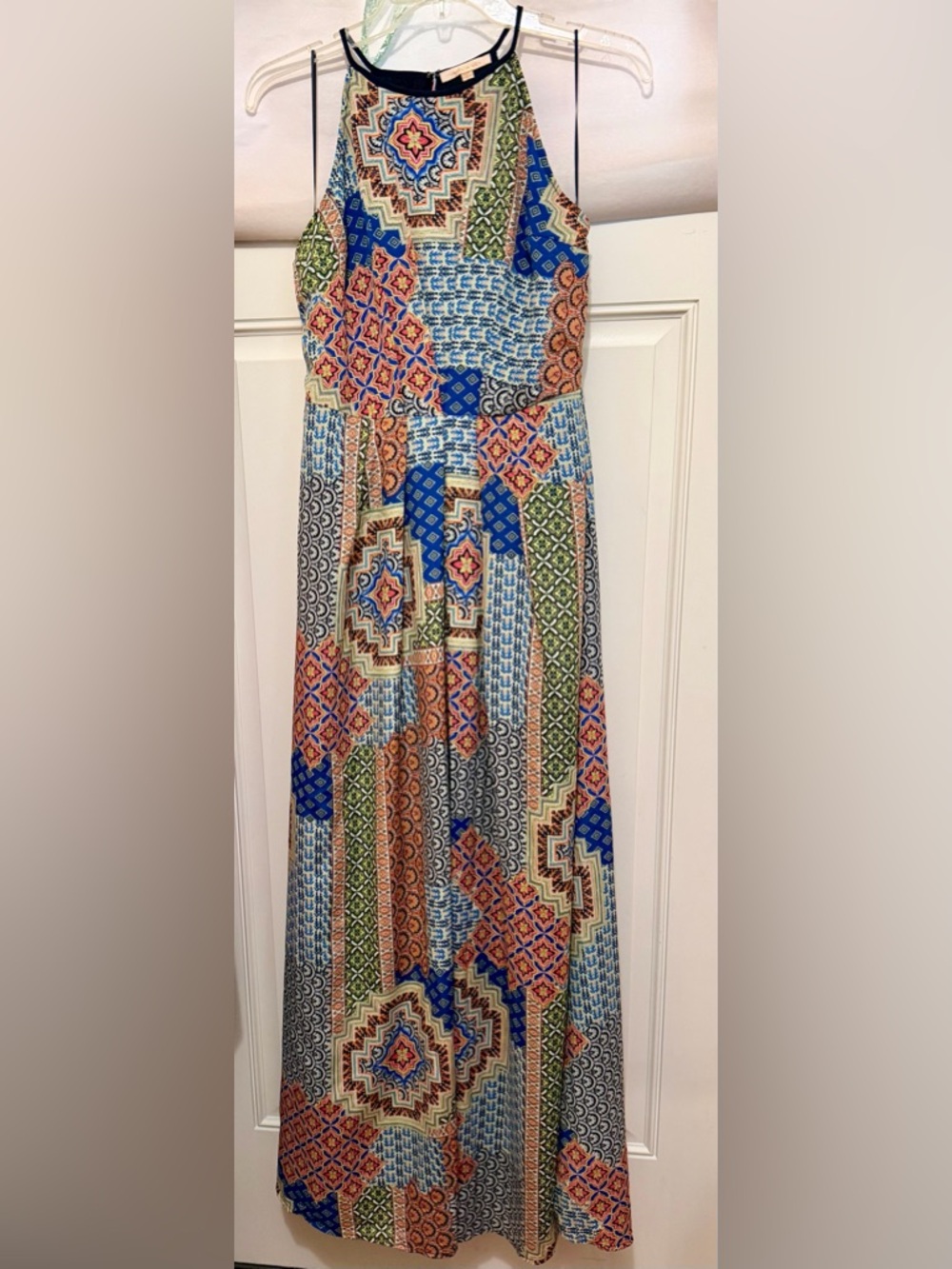Under Skies Multicolor Geometric Halter Maxi Dress - Blue, Orange, Green, Cream